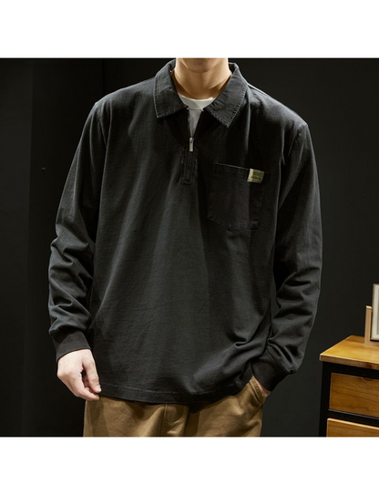 工裝著衣WorkerWear23年款/美式翻領半拉鍊口袋長袖Polo衫